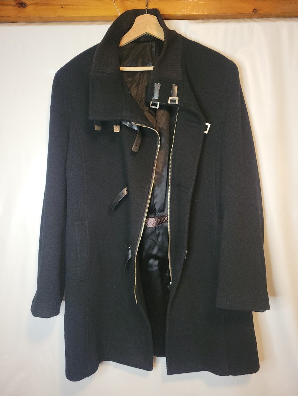 Black Wool-Blend Pea Coat with Buckle Collar